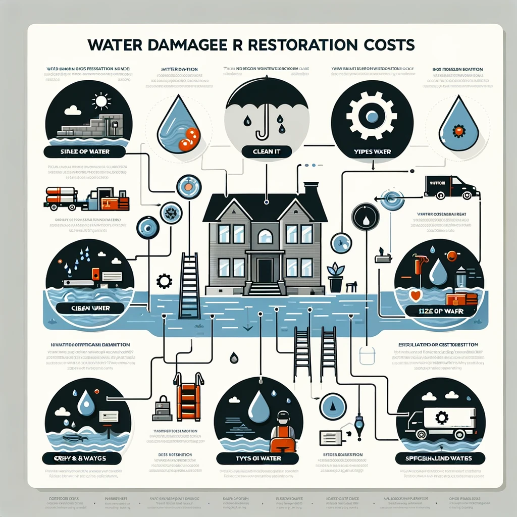 DALL·E 2024 03 26 02.43.24 Create an infographic that visually explains the factors affecting water damage restoration costs. Include elements such as varying water levels the